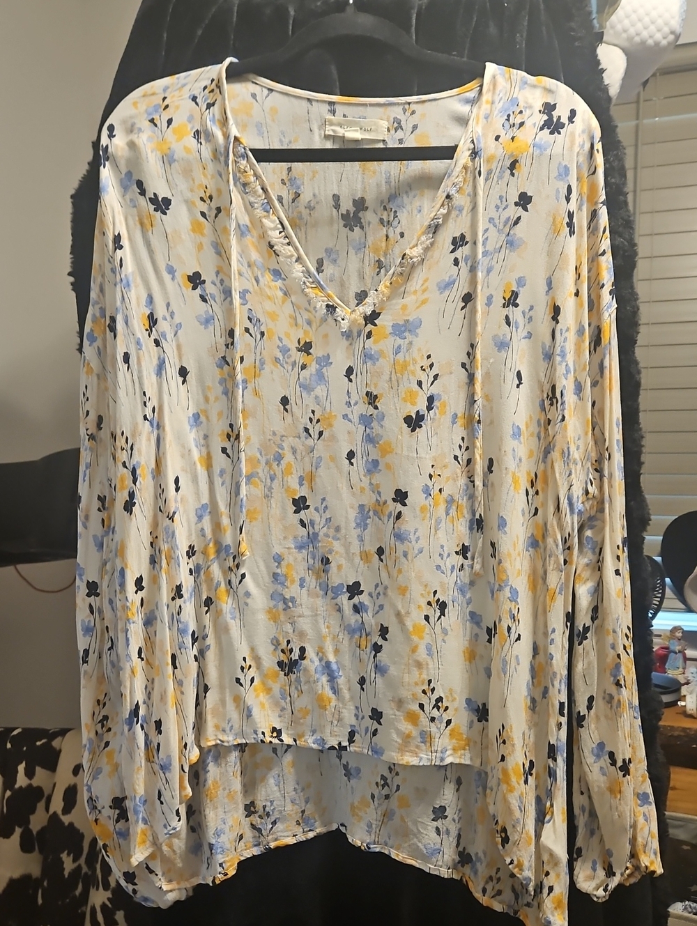 Floral V-Neck Long Sleeve Blouse - White with Yellow & Blue